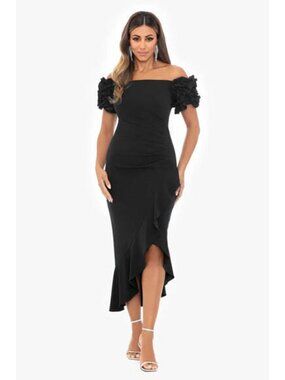 NWT Xscape Petite Off the Shoulder Ruffle Sleeve Scuba Crepe Midi Dress Black 6P